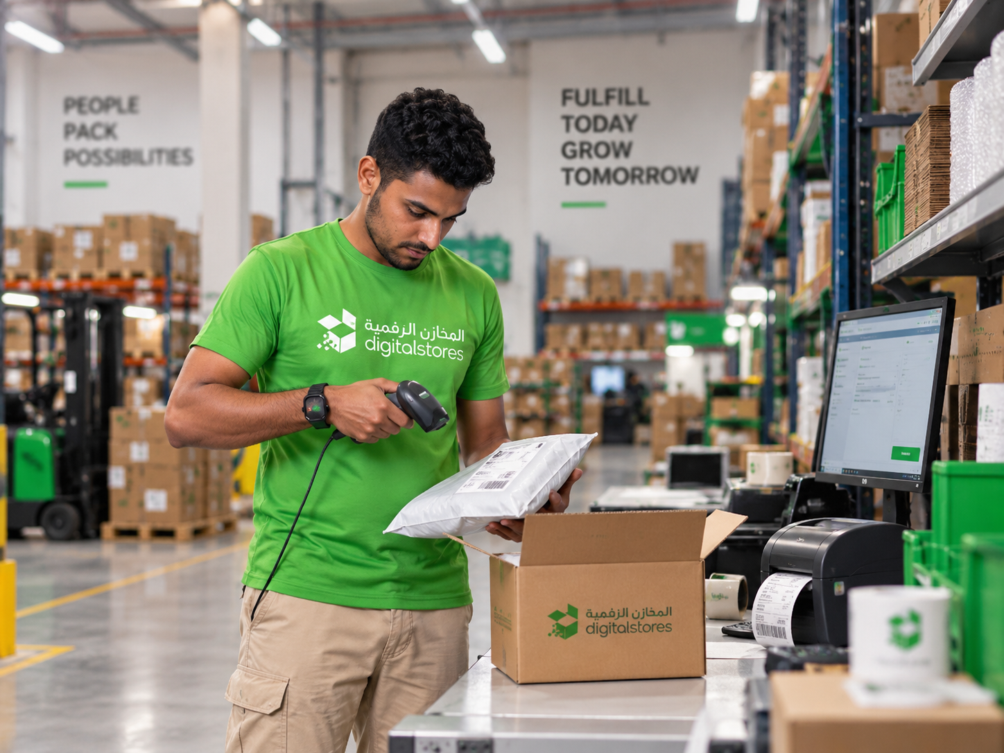 A DigitalStores associate in a branded green shirt scanning a parcel at a packing station in the Sharjah fulfillment center